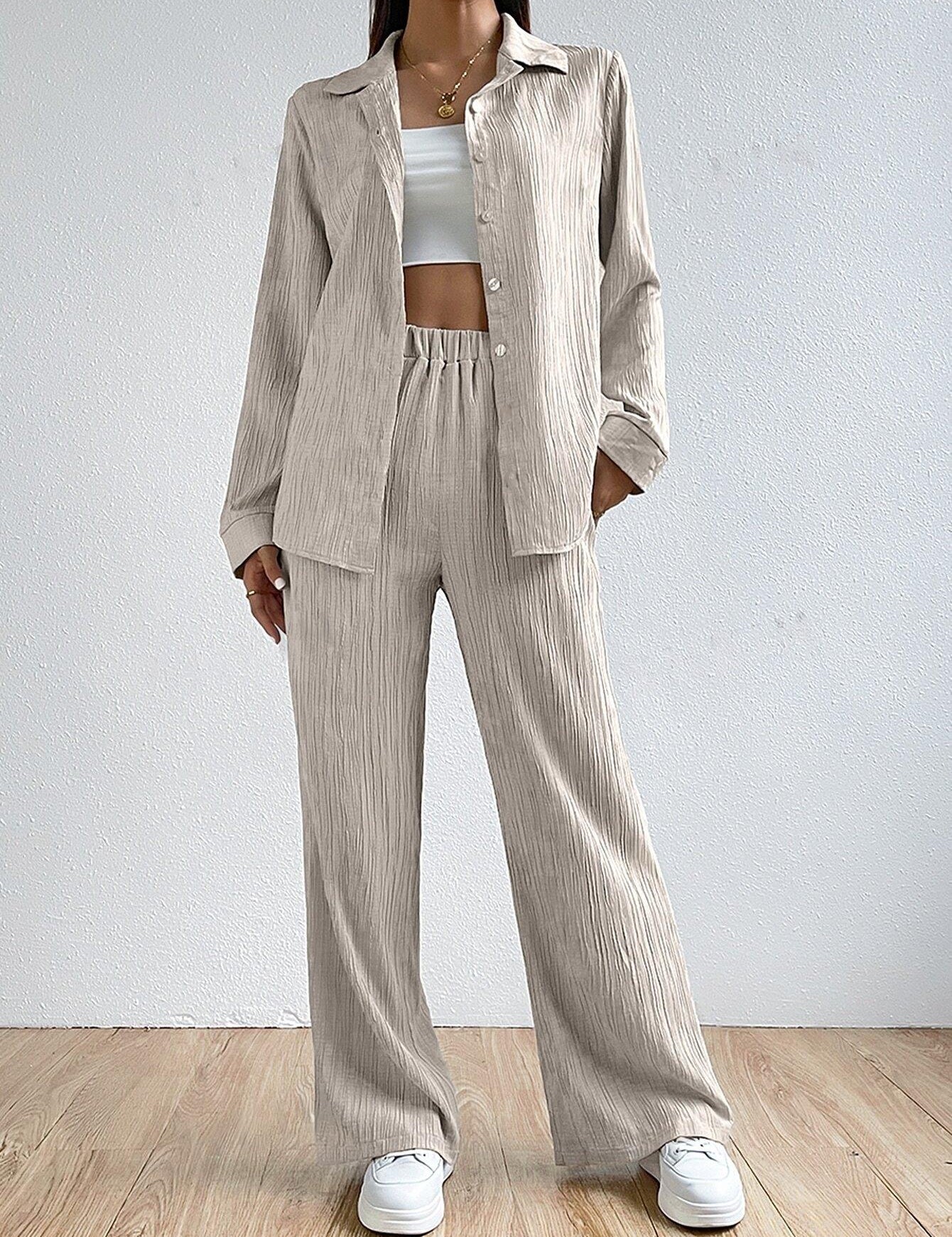 Solid Button Front Shirt & Trousers - Cora Coord